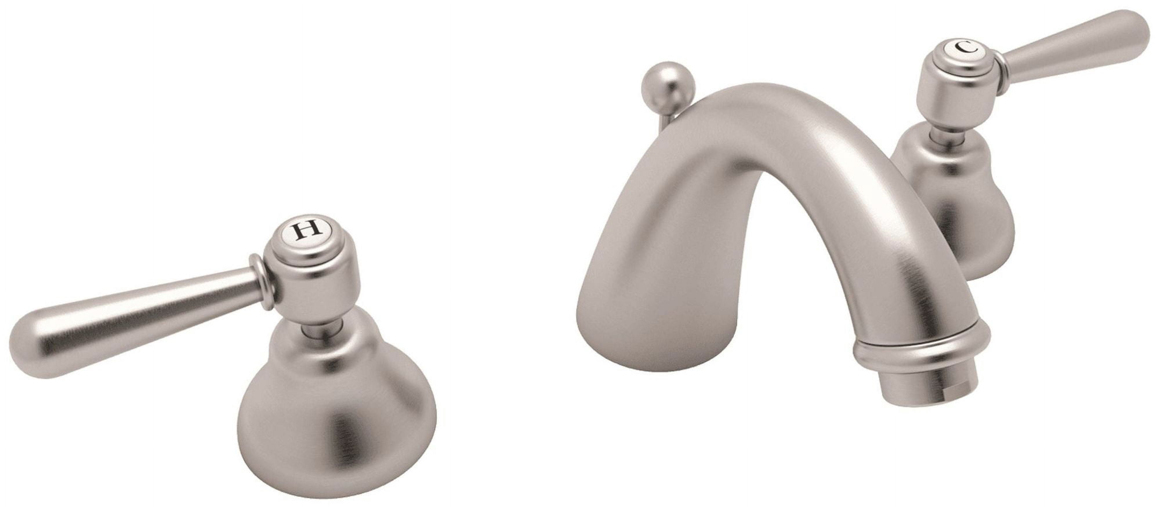 Rohl Italian Bath Verona Three Hole Widespread Lavatory Faucet In Satin Nickel With Metal Levers Pop-Up And Tapered "C" Spout