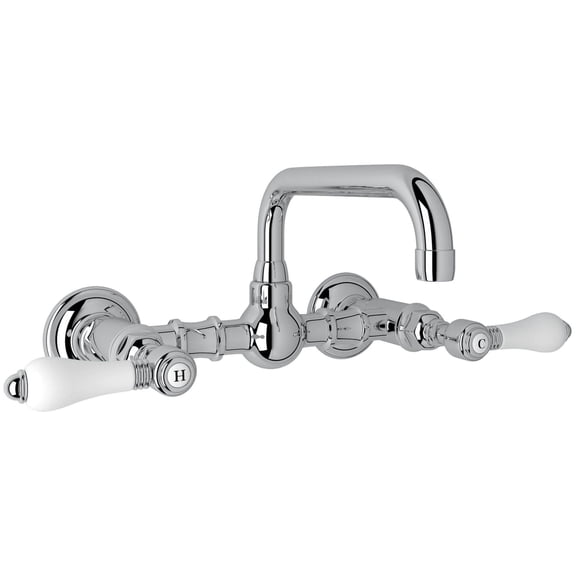 Rohl Italian Bath Vocca Wall Mounted Bridge Lavatory Faucet In Polished Chrome With Porcelain Levers And High Swinging Spout