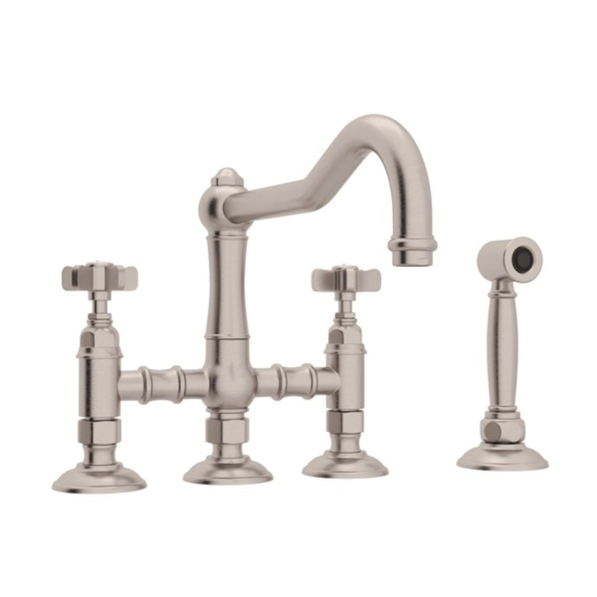 Rohl Italian Kitchen Acqui Three Leg Bridge Faucet With Metal Levers Sidespray And 9" Reach Column Spout In Satin Nickel