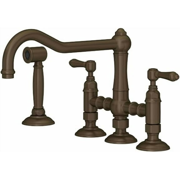 Rohl Italian Kitchen Acqui Three Leg Bridge Faucet With Metal Levers Sidespray And 9" Reach Column Spout In Tuscan Brass