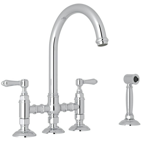 Rohl Italian Kitchen San Julio Three Leg Bridge Faucet With Metal Levers Sidespray And "C" Spout In Polished Chrome