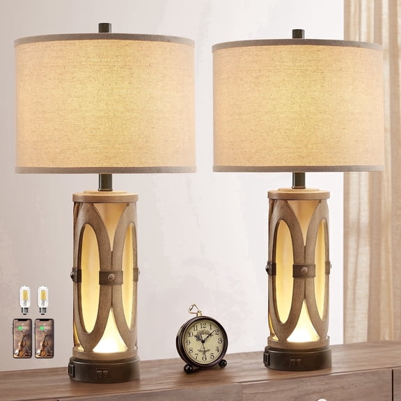 Rohopeto 25 inch living room desk lamp set (2 pieces), with 2 USB charging ports, built-in frosted smoked glass (with light bulb), retro rural farmhouse style, suitable for bedrooms, study rooms