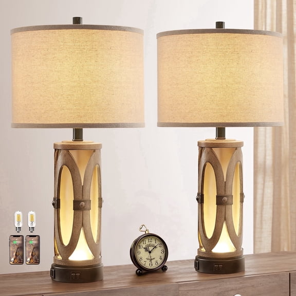 Rohopeto 25 inch modern living room table lamp set (2 pieces), with 2 USB charging ports, built-in frosted white glass base, retro rural farmhouse style, suitable for bedrooms, study rooms, offices