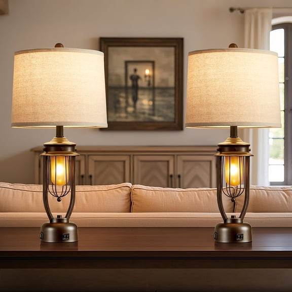 Rohopeto Living room table lamps (2), dual USB ports, 27 inches high, retro industrial style, suitable for bedroom bedside tables, equipped with light bulbs