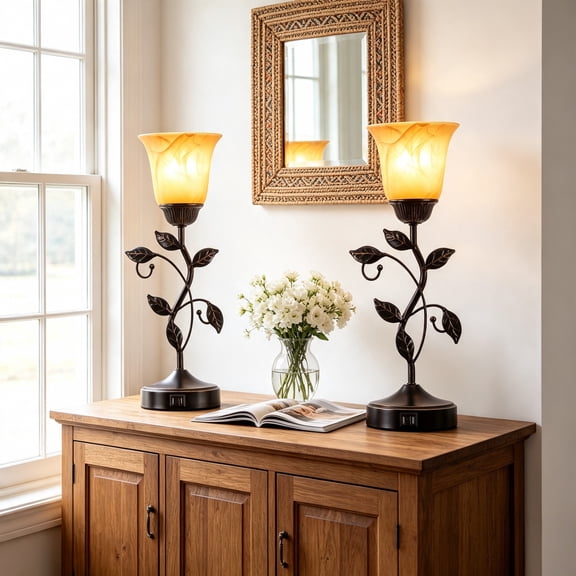 Rohopeto Bedside Lamp Set of 2 18.5" Comes with an Amber Colored Glass Shade with USB A+C Ports Touch-Activated Table Lamp Vintage Farmhouse Style for Bedroom Living room Study Bulbs Included
