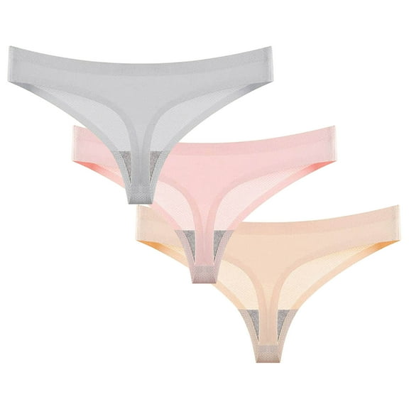 Rohuuque 3 Pack Women's Invisibles Thong No Show Panties V String Thong Underwear Breathable Low Rise Ice Silk Stretch Underwear Beige C