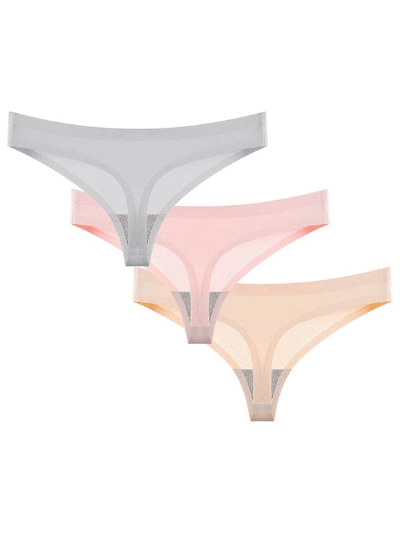 Rohuuque 3 Pack Women's Invisibles Thong No Show Panties V String Thong Underwear Breathable Low Rise Ice Silk Stretch Underwear Beige C