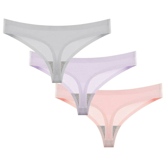 Rohuuque 3 Pack Women's Invisibles Thong No Show Panties V String Thong Underwear Breathable Low Rise Ice Silk Stretch Underwear Pink A