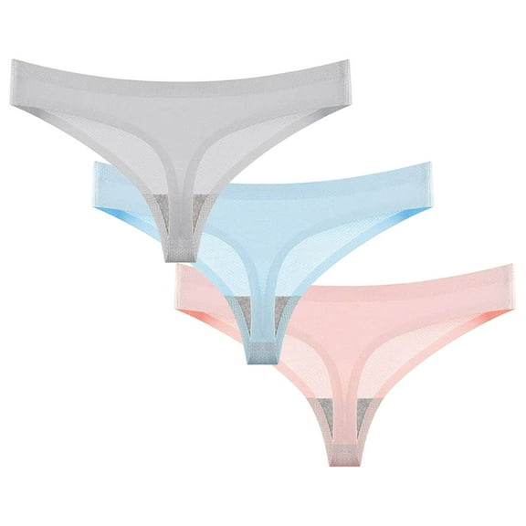 Rohuuque 3 Pack Women's Invisibles Thong No Show Panties V String Thong Underwear Breathable Low Rise Ice Silk Stretch Underwear Pink B