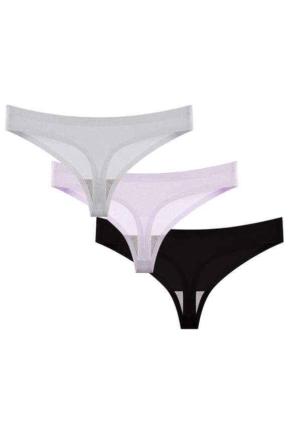 Rohuuque 3 Pack Women's Invisibles Thong No Show Panties V String Thong Underwear Breathable Low Rise Ice Silk Stretch Underwear Purple