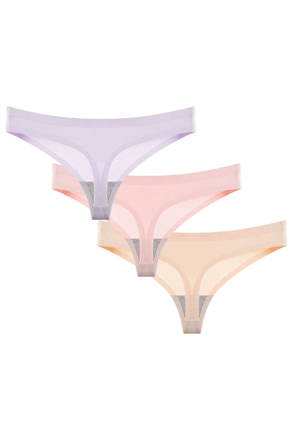 Rohuuque 3PC Invisibles V String Thong for Women No Show Ice Silk Underwear Low Rise Breathable Stretch Thong Multipack Beige A