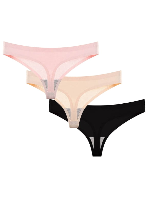 3PC Invisibles V String Thong for Women No Show Ice Silk Underwear Low Rise Breathable Stretch Thong Multipack Black C