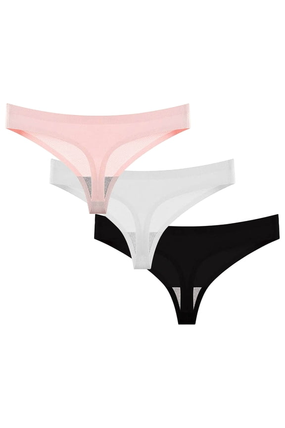 Rohuuque 3PC Invisibles V String Thong for Women No Show Ice Silk Underwear Low Rise Breathable Stretch Thong Multipack Pink C
