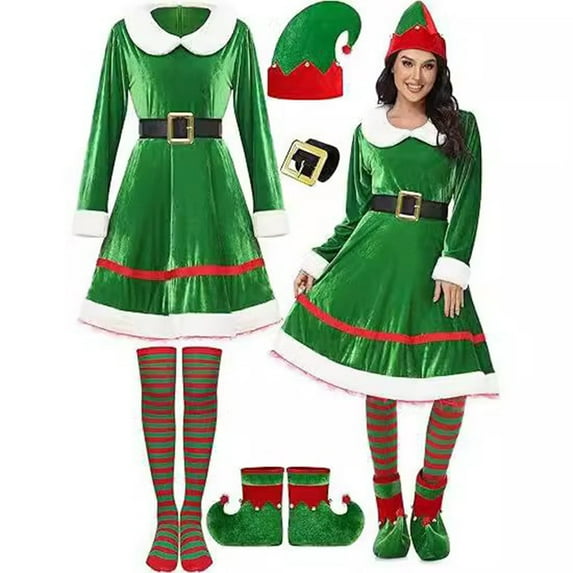Rohuuque 5-Piece Christmas Dress Up Set for Women Green Velvet Dress with Matching Hat Belt Socks and Shoes Holiday Party Photo Outfit Green