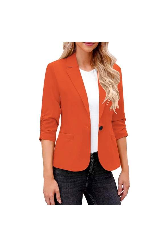 Blazers for Women Business Casual 3/4 Ruched Sleeves Solid Suit Jackets Lightweight Slim Fit Jackets with Pockets Orange