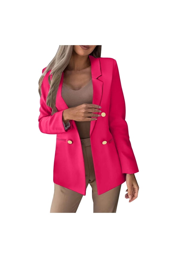 ZQUUVOU Blazers for Women Business Casual Fashion Solid Color Slim Long Sleeve Double Breasted Suit Tailored Jacket with Pocket Hot Pink