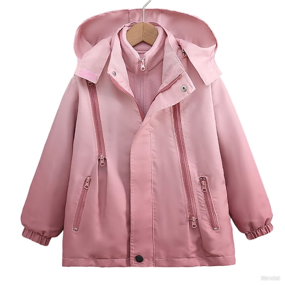ZQUUVOU Boys Girls Waterproof Hooded Jackets 3 In 1 Detachable Fleece Liner Stand Collar Rain Jackets Fall Fashion Gradient Color Outerwear Pink