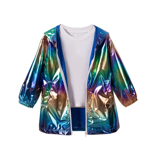 ZQUUVOU Boys Girls Waterproof Hooded Rain Jacket Holographic Laser Shiny Jackets Zipper Hoodie Lightweight Jacket with Pocket Multicolor