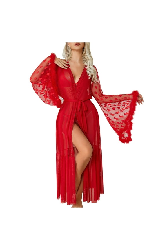 ZQUUVOU Bride Robe for Women Mesh Sheer Long Robes Long Sleeve Tie Belt Breathable Lightweight Cover Up Loungewear Red