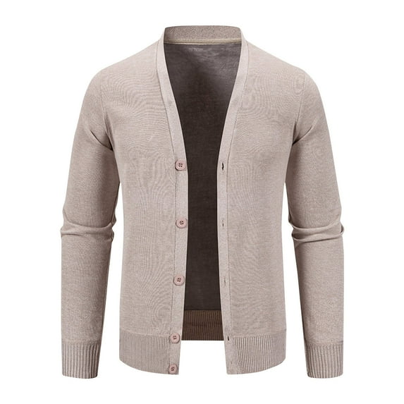 Rohuuque Cardigan Sweaters for Men Solid Color Texture Cardigan V-neck Button Knit Sweater Jacket Fall Winter Casual Tops Beige