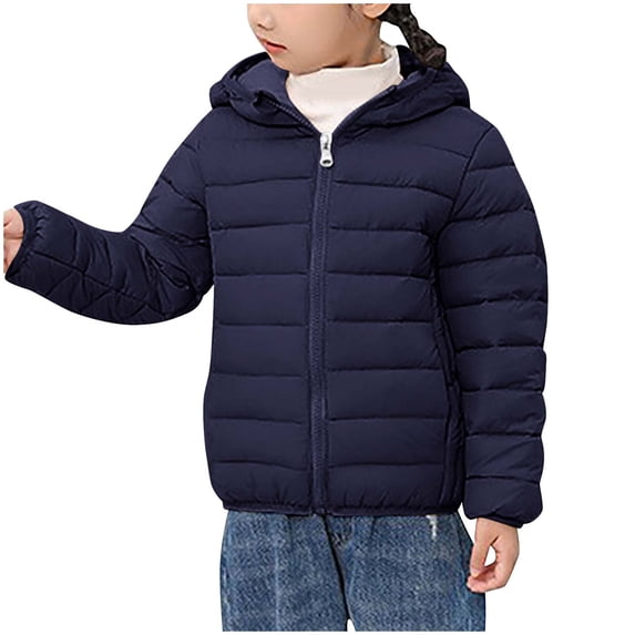 ZQUUVOU Children's Hooded Puffer Jacket Fall Winter Warm Outewear Solid Color Zipper Down Jacket Long Sleeved Casual Jackets with Pocket Navy