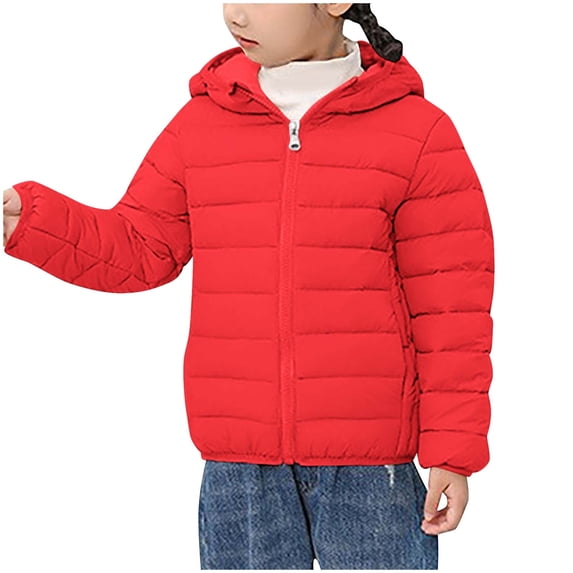 ZQUUVOU Children's Hooded Puffer Jacket Fall Winter Warm Outewear Solid Color Zipper Down Jacket Long Sleeved Casual Jackets with Pocket Red