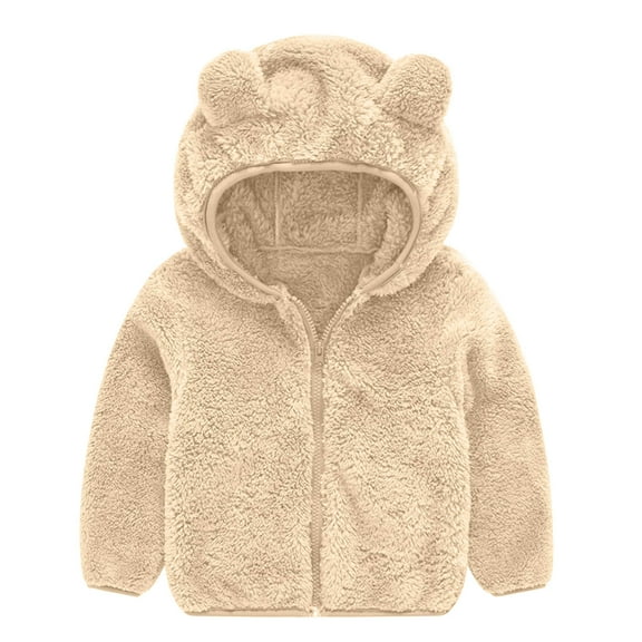Rohuuque Children's Plush Hoodie Zipper Fuzzy Jacket Hooded with Ear Cute Winter Fall Warm Tops Jackets Outerwear for Baby Boys Girls Beige
