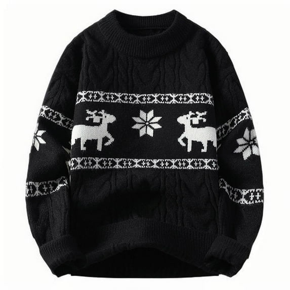 Rohuuque Christmas Sweaters for Man Printed Cable Knitted Sweater Loose Long Sleeve Base Cozy Shirt Sweater Tops Black