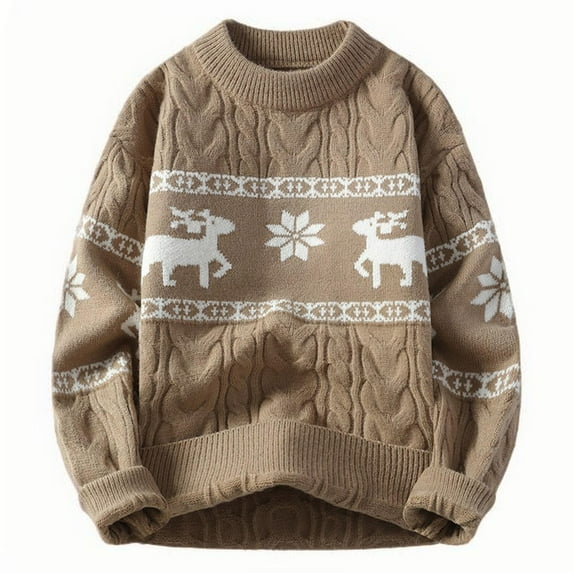 Rohuuque Christmas Sweaters for Man Printed Cable Knitted Sweater Loose Long Sleeve Base Cozy Shirt Sweater Tops Khaki