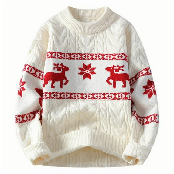 Rohuuque Christmas Sweaters for Man Printed Cable Knitted Sweater Loose Long Sleeve Base Cozy Shirt Sweater Tops White