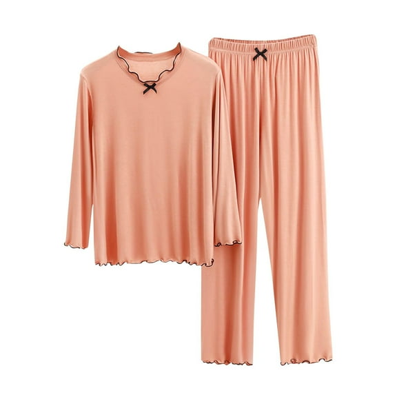 Rohuuque Cute Pajamas Set for Women Bow Ruffle Trim Sleepwear Set Long Sleeve Top with Pants Comfortable Loungewear Outfit Orange
