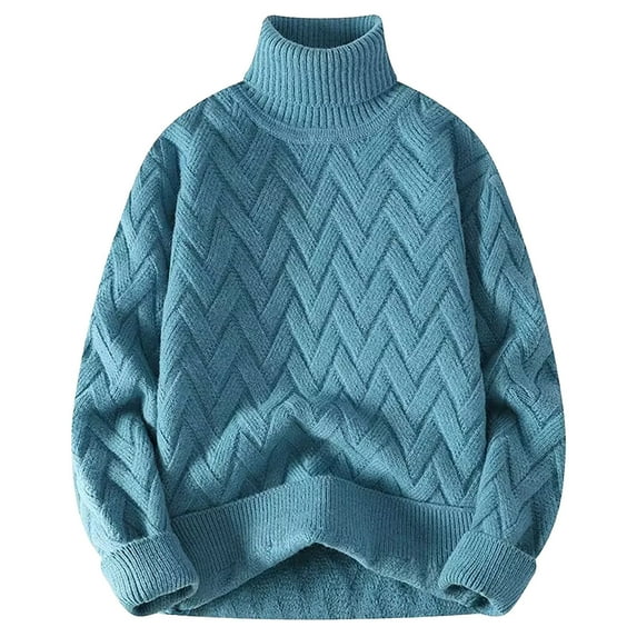 Rohuuque Fall Trendy Swearter for Men Herringbone Knit Sweater Solid Color Mock Neck Long Sleeve Relaxed Fit Winter Thermal Tops Blue