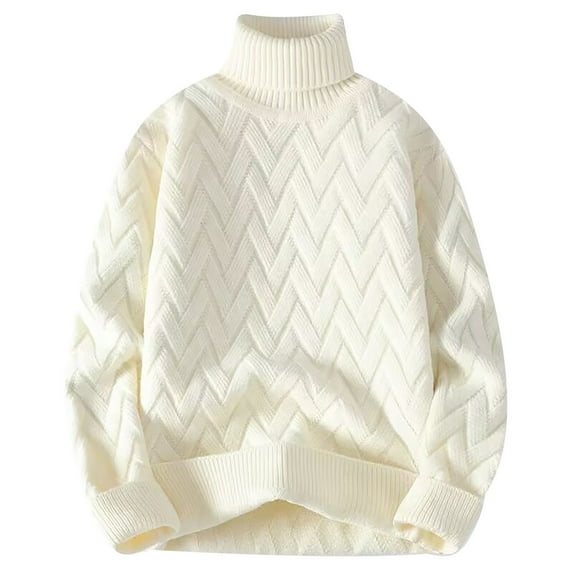 Rohuuque Fall Trendy Swearter for Men Herringbone Knit Sweater Solid Color Mock Neck Long Sleeve Relaxed Fit Winter Thermal Tops White