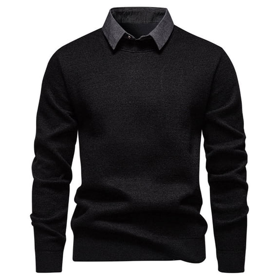 ZQUUVOU Fall Trendy Swearter for Men Solid Color Fashion Casual Flip Collar Fleece Lined Warm Sweater Base Shirt Long Sleeve Black
