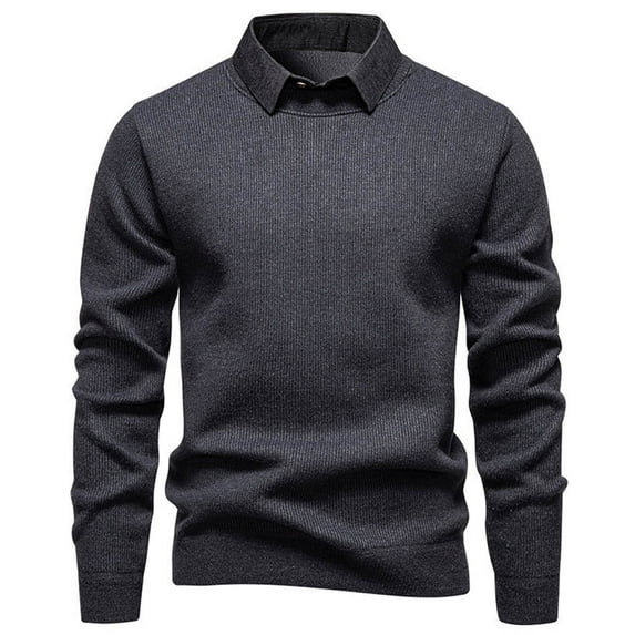 ZQUUVOU Fall Trendy Swearter for Men Solid Color Fashion Casual Flip Collar Fleece Lined Warm Sweater Base Shirt Long Sleeve Dark Gray