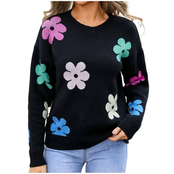 Rohuuque Fall Trendy Swearter for Women Casual Crew Neck Loose Flower Printed Long Sleeved Pullover Sweater Tops Black