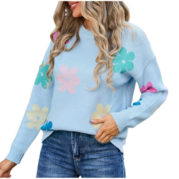 Rohuuque Fall Trendy Swearter for Women Casual Crew Neck Loose Flower Printed Long Sleeved Pullover Sweater Tops Sky Blue