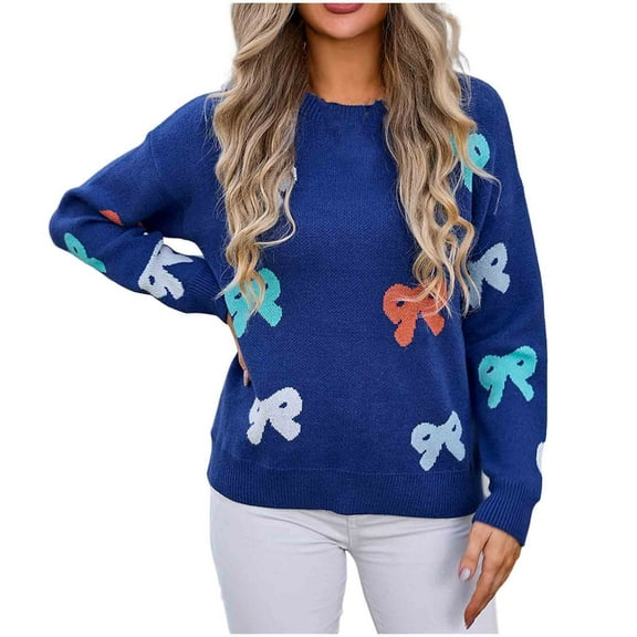 ZQUUVOU Fall Trendy Swearter for Women Relaxed Knit Sweater with Bow Pattern Print Crew Neck Long Sleeve Casual Comfort Tops Blue