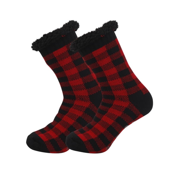 ZQUUVOU Fuzzy Grip Socks for Men and Women Winter Sherpa Fleece Lined Socks Red Plaid Christmas Socks Gift Knitted Crew Socks Red