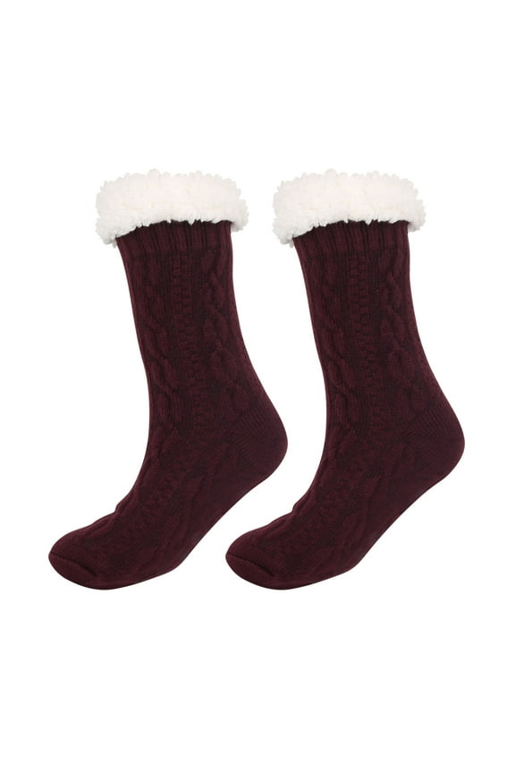 Rohuuque Fuzzy Grip Socks for Men and Women Winter Sherpa Fleece Lined Socks Red Plaid Christmas Socks Gift Knitted Crew Socks Wine