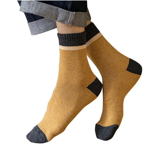 Rohuuque Grip Socks for Men Color Block Terry Loop Crew Socks Thermal Fall Winter Casual Sport Mid-Calf Warmth Non-slip Socks Yellow