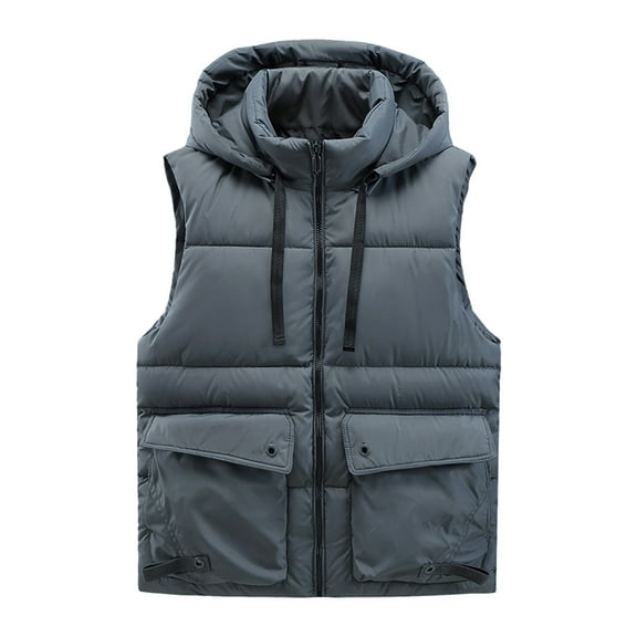 Rohuuque Hooded Vest for Men Solid Color Sleeveless Quilted Vest Detachable Hooded Zipper Cardigan Warm Winter Puffer Vest Gray