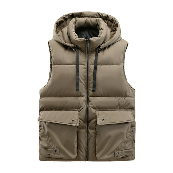 Rohuuque Hooded Vest for Men Solid Color Sleeveless Quilted Vest Detachable Hooded Zipper Cardigan Warm Winter Puffer Vest Khaki