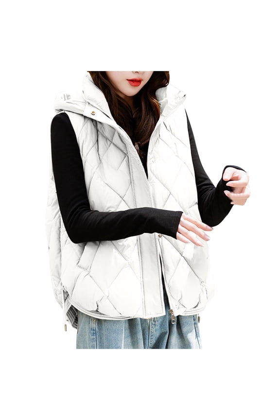 Rohuuque Hooded Vest for Women Solid Color Sleeveless Hooded Jacket Short Padded Gilet with Drawstring Winter Warm White