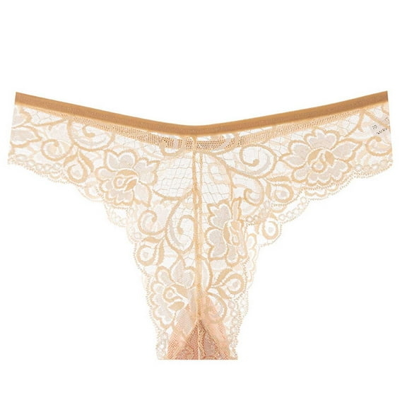 Rohuuque Invisibles Lace Thongs for Women Low Rise Thong Underwear Breathable Panties T-back Stretch No Show Underwear Beige
