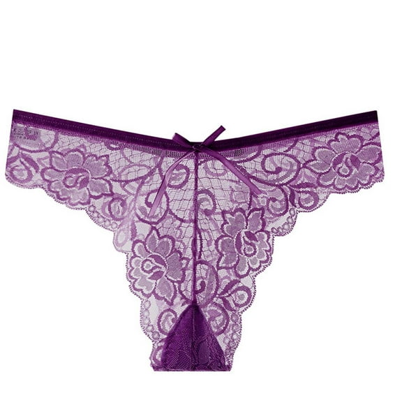 Rohuuque Invisibles Lace Thongs for Women Low Rise Thong Underwear Breathable Panties T-back Stretch No Show Underwear Purple