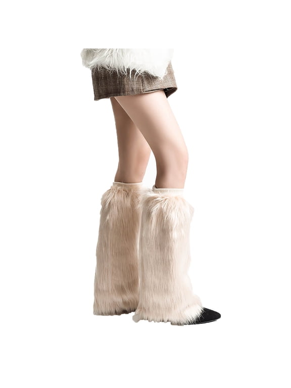 Leg Warmers for Women Foot Covers Socks Plush Boot Cuffs Mid-Calf Leg Warmers Knitted Layered Footwear Beige