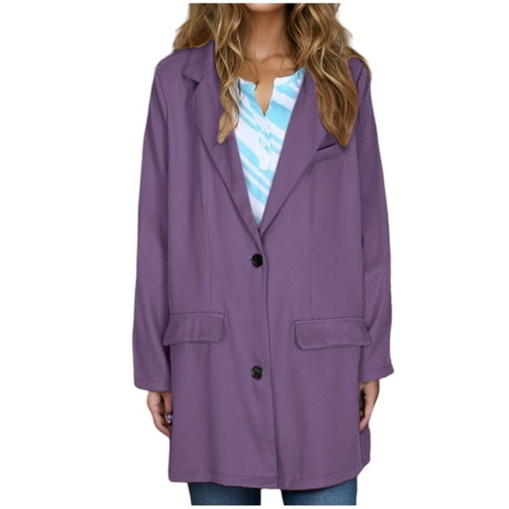 Rohuuque Long Blazers for Women Business Casual Oversized Attire Solid Color Long Sleeve Breasted Suit Jacket with Pockets Purple