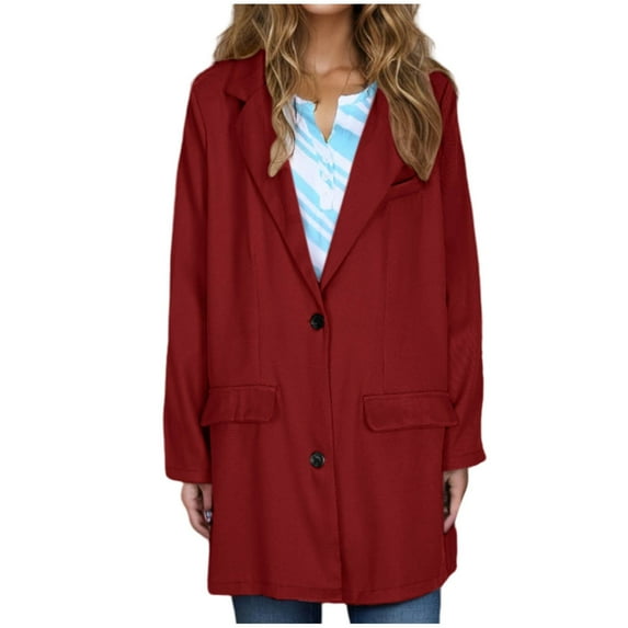 Rohuuque Long Blazers for Women Business Casual Oversized Attire Solid Color Long Sleeve Breasted Suit Jacket with Pockets Red