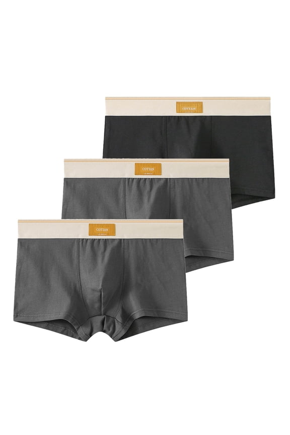 Men's 3PC Cotton Boxer Briefs Comfort Boxer Shorts Breathable Underwear Large Contrast Strap Trunks Basic Underwear Set Black